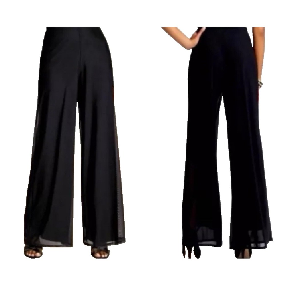 Tadashi Shoji Black Chiffon Overlay Wide Leg Dress Pants Large Hi-Rise 32 x 32
